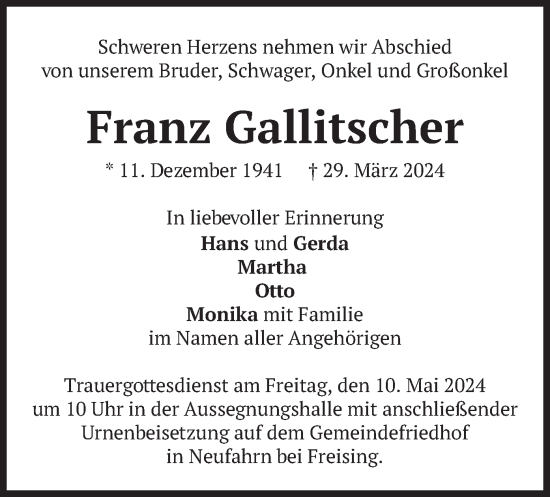 Todesanzeige von Franz Gallitscher von merkurtz