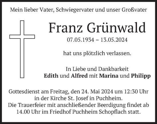 Todesanzeige von Franz Grünwald von merkurtz