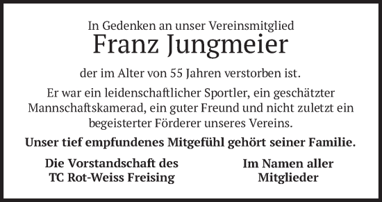 Todesanzeige von Franz Jungmeier von merkurtz