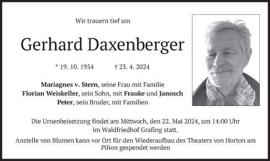 Todesanzeige von Gerhard Daxenberger von merkurtz