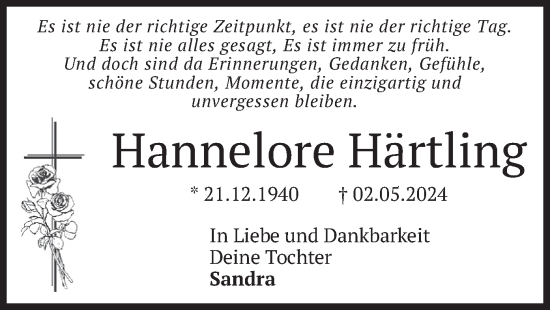 Todesanzeige von Hannelore Härtling von merkurtz