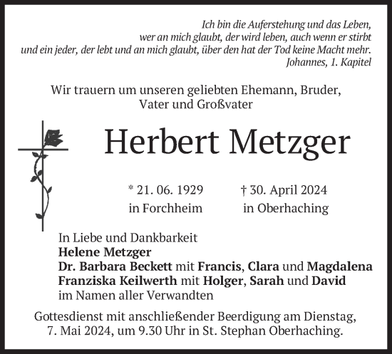 Todesanzeige von Herbert Metzger von merkurtz