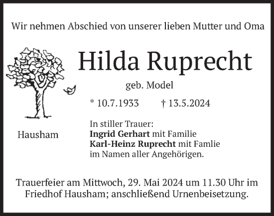 Todesanzeige von Hilda Ruprecht von merkurtz