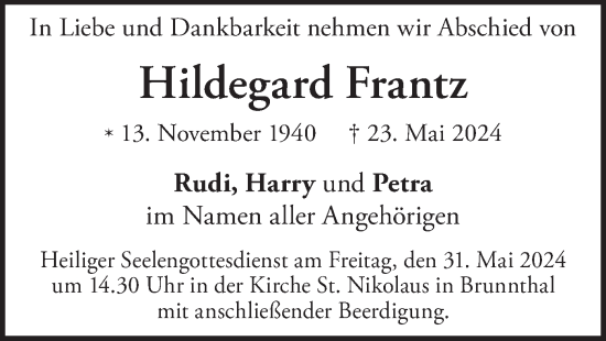 Todesanzeige von Hildegard Frantz von merkurtz