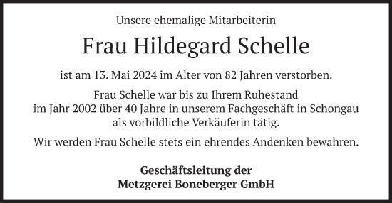 Todesanzeige von Hildegard Schelle von merkurtz