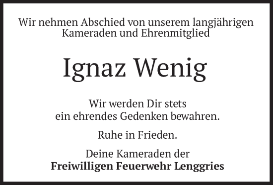 Todesanzeige von Ignaz Wenig von merkurtz