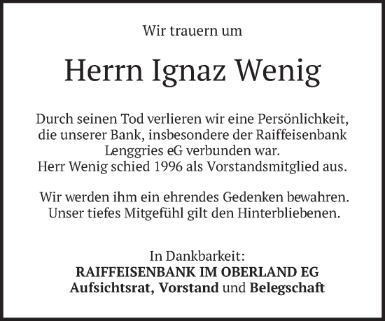 Todesanzeige von Ignaz Wenig von merkurtz