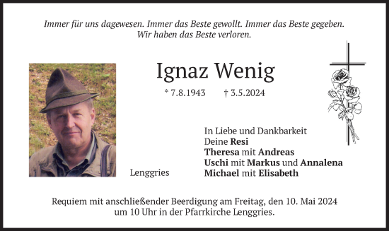 Todesanzeige von Ignaz Wenig von merkurtz