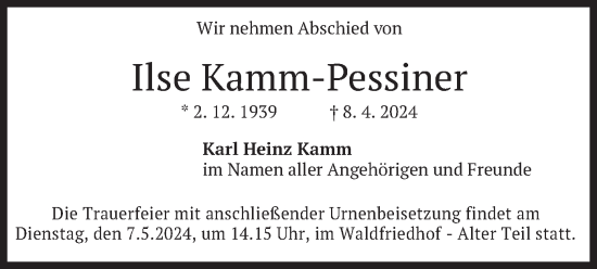 Todesanzeige von Ilse Kamm-Pessiner von merkurtz