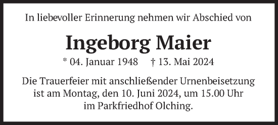 Todesanzeige von Ingeborg Maier von merkurtz