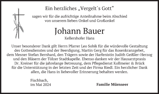 Todesanzeige von Johann Bauer von merkurtz