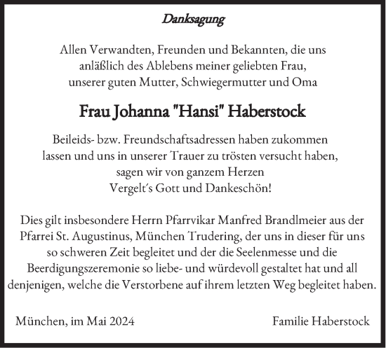 Todesanzeige von Johanna Haberstock von merkurtz