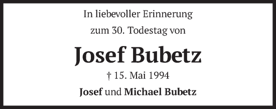Todesanzeige von Josef Bubetz von merkurtz