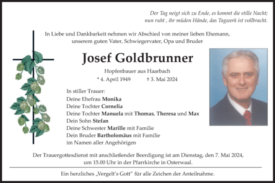 Todesanzeige von Josef Goldbrenner von merkurtz