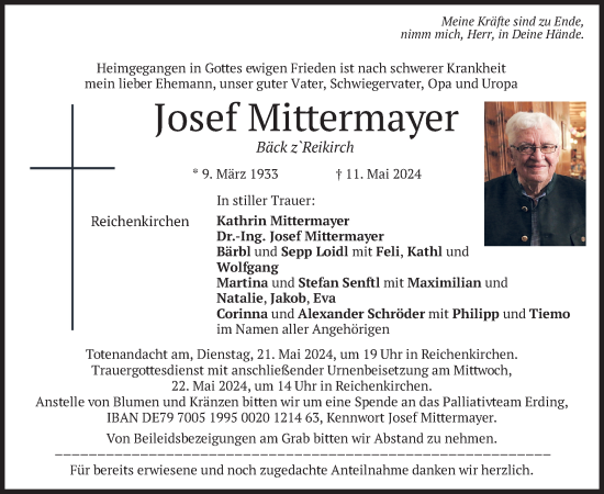 Todesanzeige von Josef Mittermayer von merkurtz