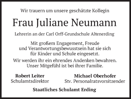 Todesanzeige von Juliane Neumann von merkurtz