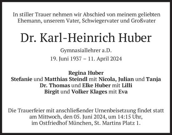 Todesanzeige von Karl-Heinrich Huber von merkurtz