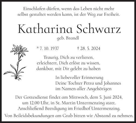 Todesanzeige von Katharina Schwarz von merkurtz