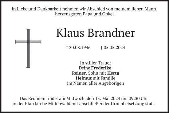 Todesanzeige von Klaus Brandner von merkurtz