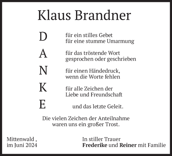 Todesanzeige von Klaus Brandner von merkurtz