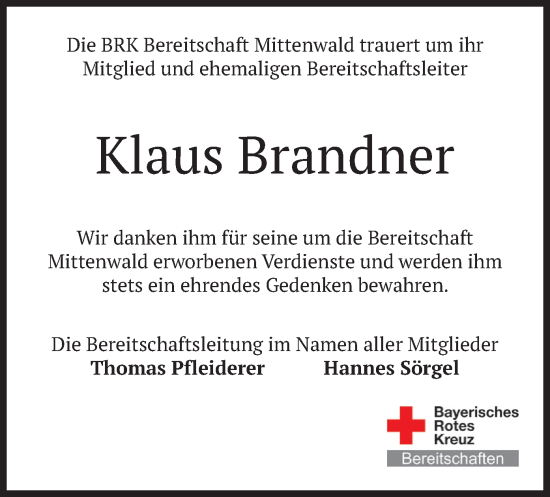 Todesanzeige von Klaus Brandner von merkurtz