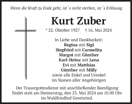 Todesanzeige von Kurt Zuber von merkurtz