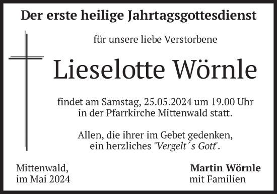 Todesanzeige von Lieselotte Wörnle von merkurtz