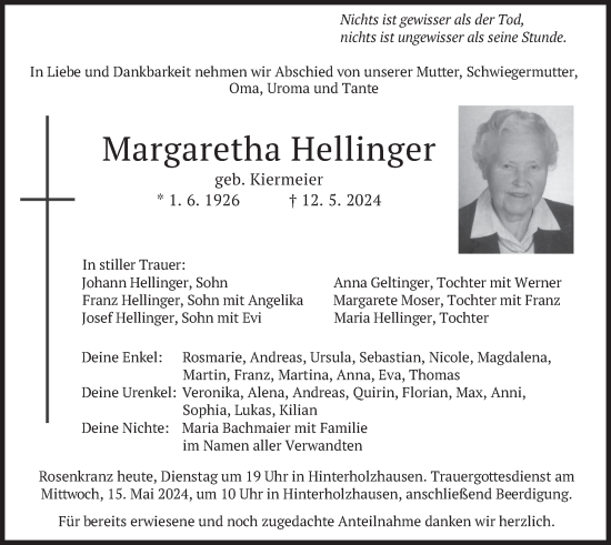 Todesanzeige von Margaretha Hellinger von merkurtz