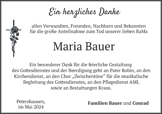 Todesanzeige von Maria Bauer von merkurtz