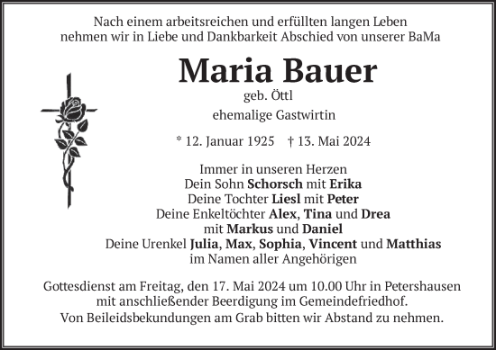 Todesanzeige von Maria Bauer von merkurtz