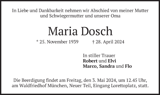 Todesanzeige von Maria Dosch von merkurtz