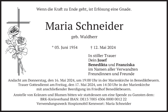 Todesanzeige von Maria Schneider von merkurtz
