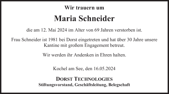 Todesanzeige von Maria Schneider von merkurtz