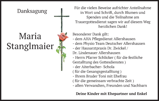 Todesanzeige von Maria Stanglmaier von merkurtz