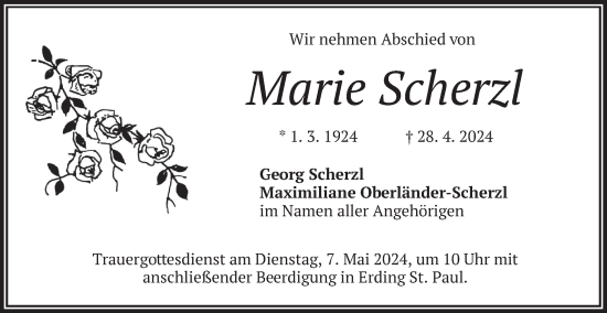Todesanzeige von Marie Scherzl von merkurtz