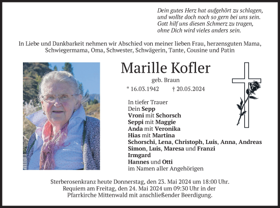 Todesanzeige von Marille Koffer von merkurtz