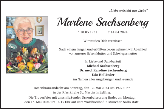 Todesanzeige von Marlene Sachsenberg von merkurtz