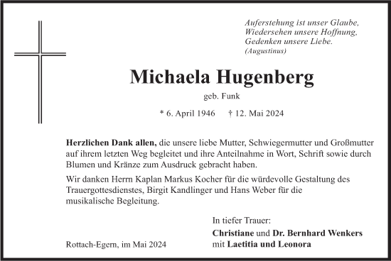 Todesanzeige von Michaela Hugenberg von merkurtz