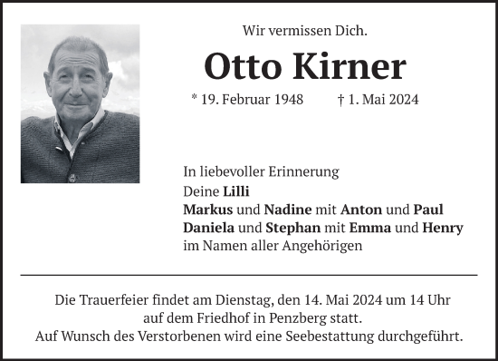 Todesanzeige von Otto Kirner von Das Gelbe Blatt Penzberg