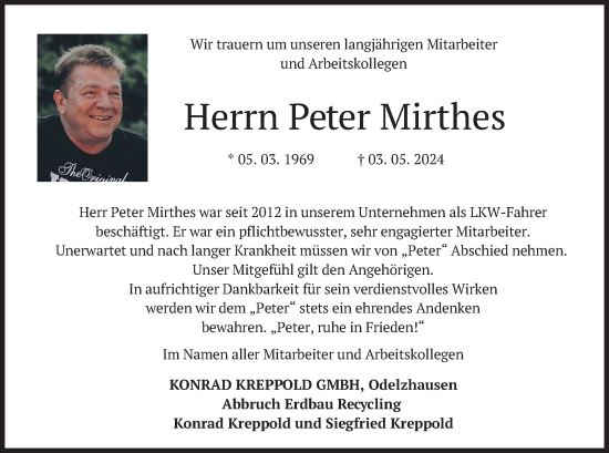 Todesanzeige von Peter Mirthes von merkurtz