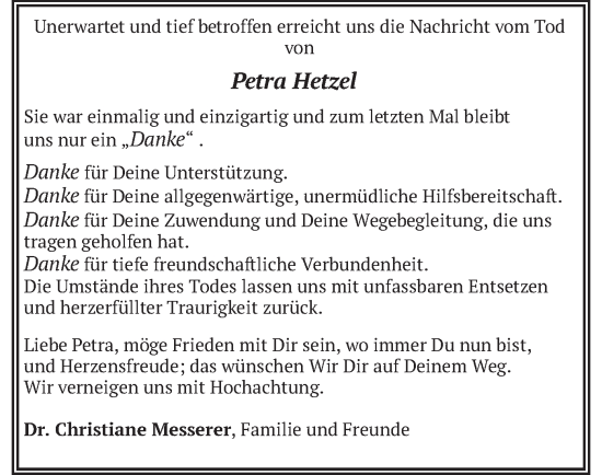 Todesanzeige von Petra Hetzel von merkurtz