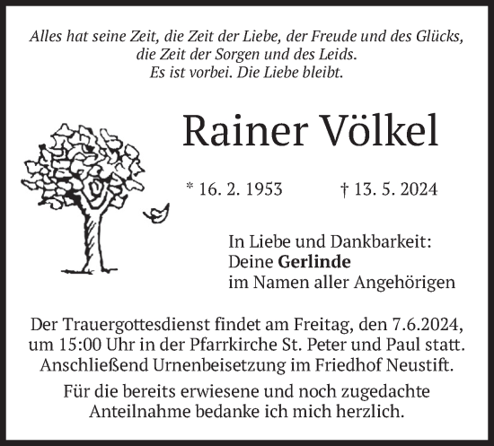 Todesanzeige von Rainer Völkel von merkurtz