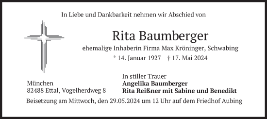 Todesanzeige von Rita Baumberger von merkurtz