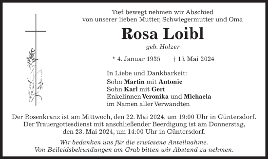 Todesanzeige von Rosa Loibl von merkurtz