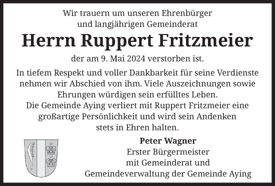 Todesanzeige von Ruppert Fritzmeier von merkurtz