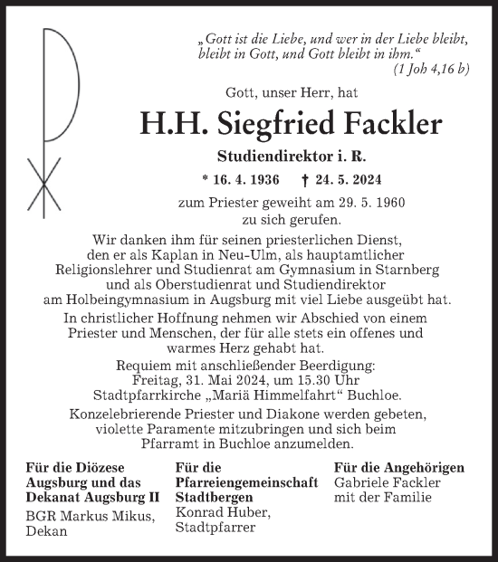 Todesanzeige von Siegfried Fackler von merkurtz