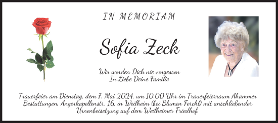 Todesanzeige von Sofia Zeck von merkurtz