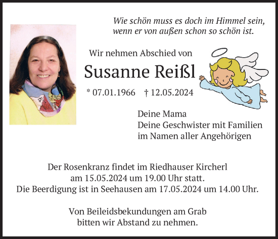 Todesanzeige von Susanne Reißl von merkurtz