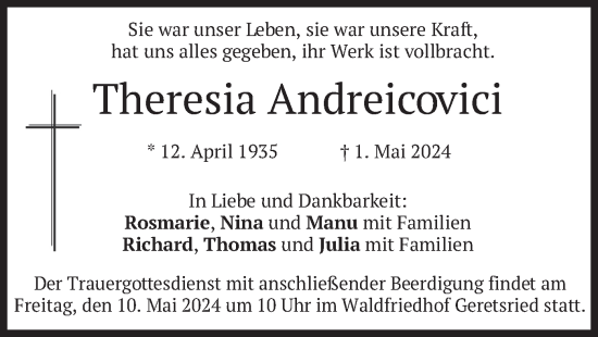 Todesanzeige von Theresia Andreicovici von merkurtz