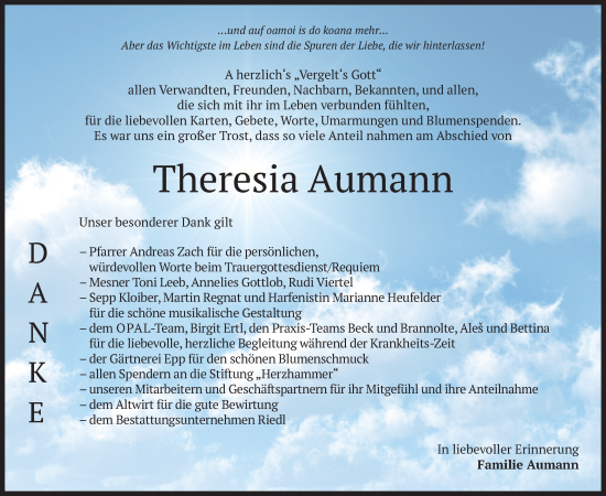 Todesanzeige von Theresia Aumann von merkurtz